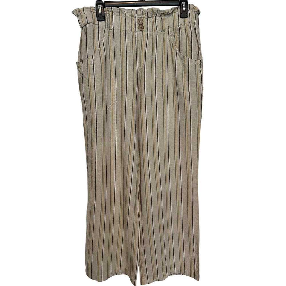 Rewind Women's L Wide Leg Linen Pants Pull‎ On Beige Striped Coastal Beachy Boho